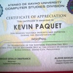 Kevin Paquet's certificate of appreciation for talking about WordPress :) Kevin Paquet's certificate of appreciation for talking about WordPress :)